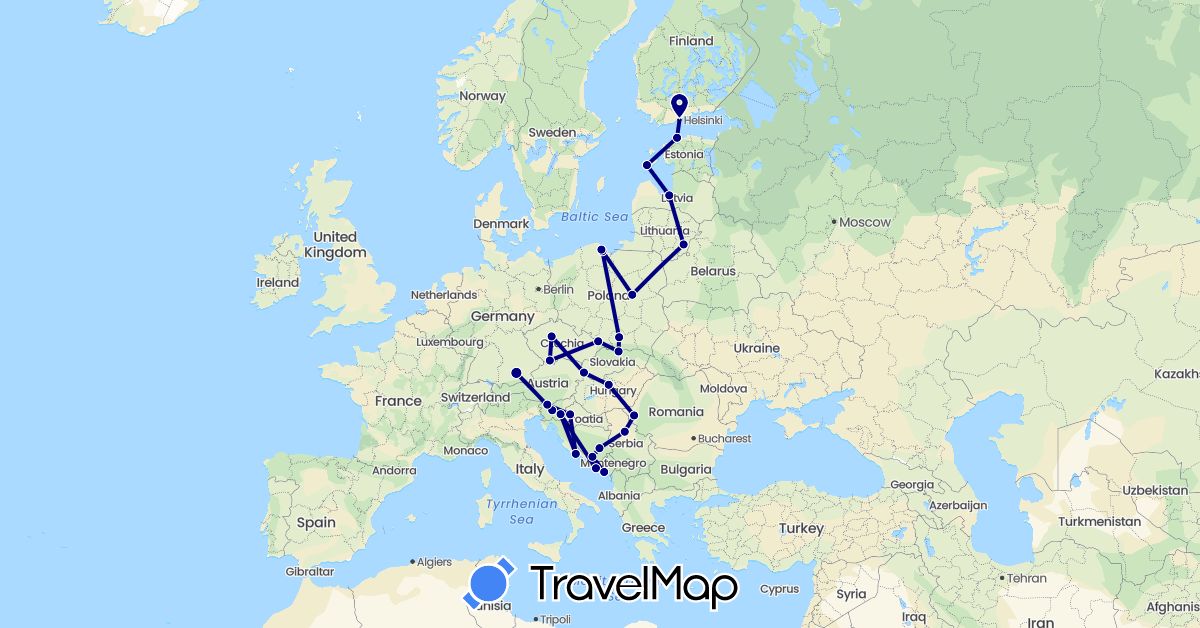 TravelMap itinerary: driving in Bosnia and Herzegovina, Czech Republic, Germany, Estonia, Finland, Croatia, Hungary, Lithuania, Latvia, Montenegro, Poland, Romania, Serbia, Slovenia, Slovakia (Europe)